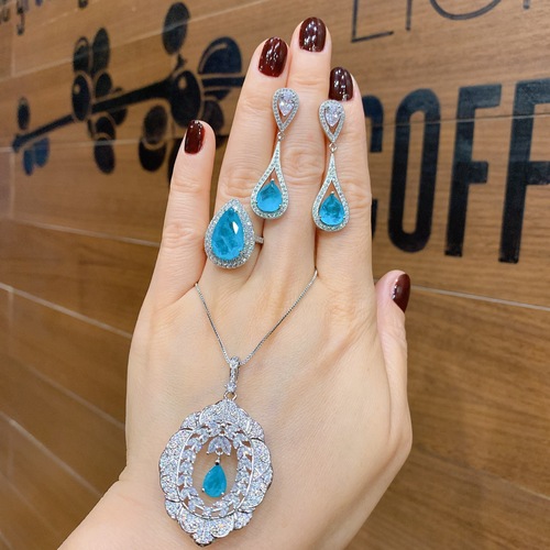 Gemini Jewelry Wholesale Imitation Paraiba Vintage Style Sparkling Full Diamond Setting Pendant Ring Earrings Set