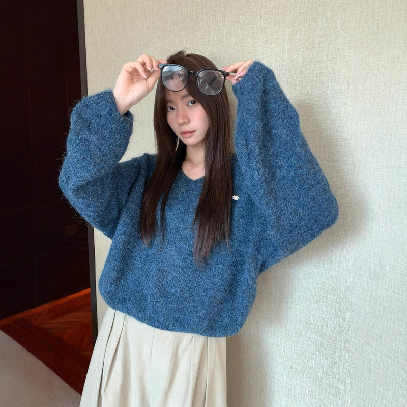 South Korea's Dongdaemun Chic Autumn and Winter Lazy Style Loose V-Neck Furry Knitwear Versatile Soft Waxy Fluffy Knitwear