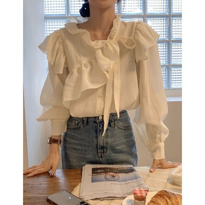 Han Dong gate Spring and summer new pattern Xian Qi jacket Hypotenuse Lotus leaf collar Frenum Long sleeve shirt