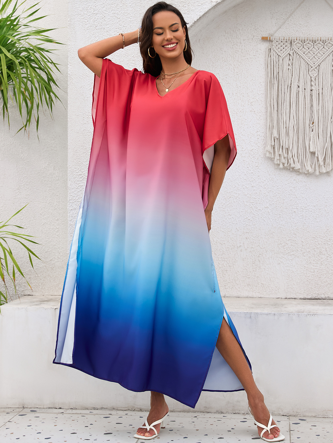 Vestido de playa de talla grande con estampado degradado europeo y americano, pareo de playa, protección solar, bata de playa