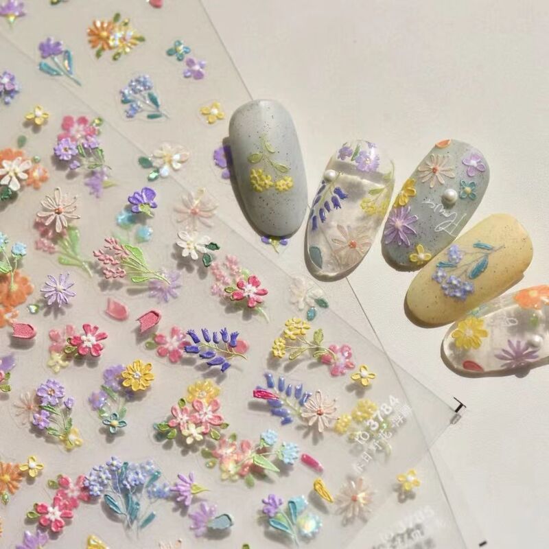 小さな新鮮な春の野の花エンボスシェルライトネイルアートステッカー油絵小さな野の花シンプルなネイルステッカー|undefined