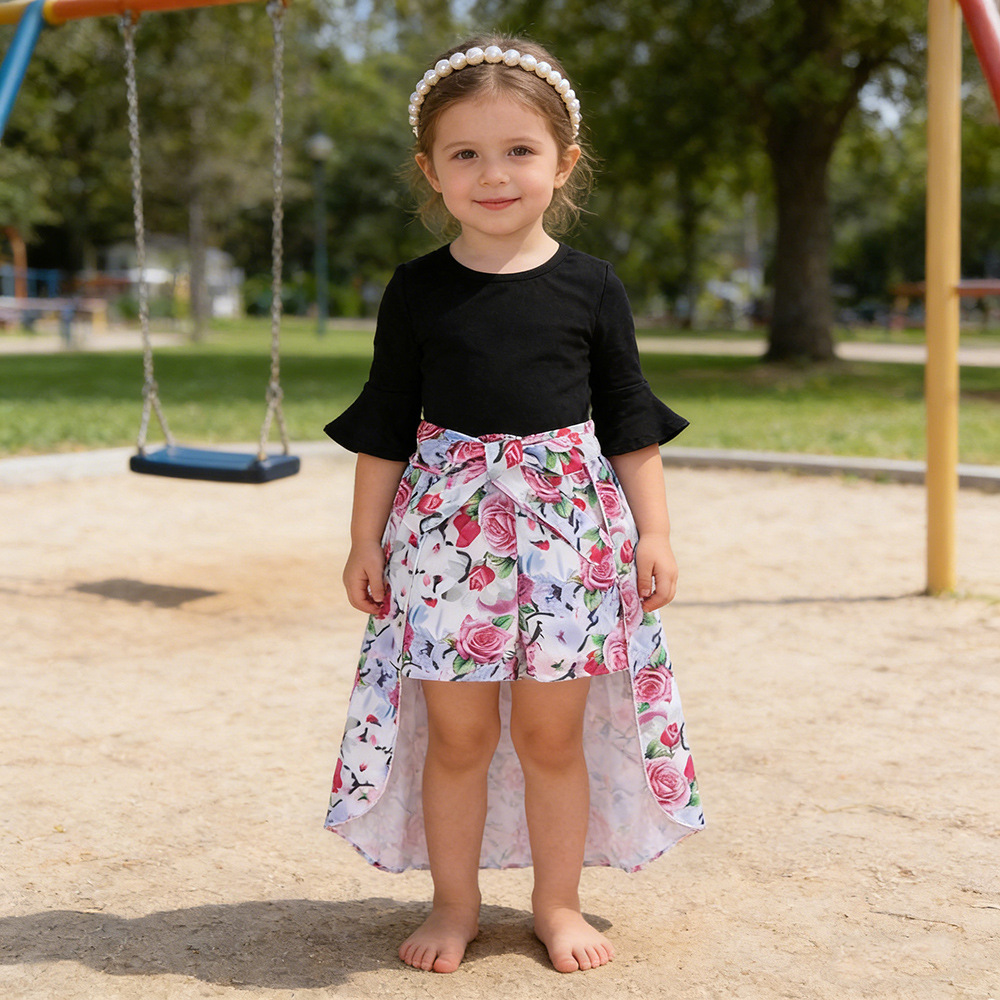 ins new children's clothing girls three-piece set Tide fan solid black T + floral shorts + swallowtail skirt Amazon ebay