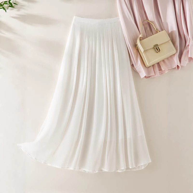 Silk Skirt, Encrypted Chiffon Mulberry Silk Skirt, White Ethereal Style, Factory Direct Supply, One-Piece Dropshipping Available