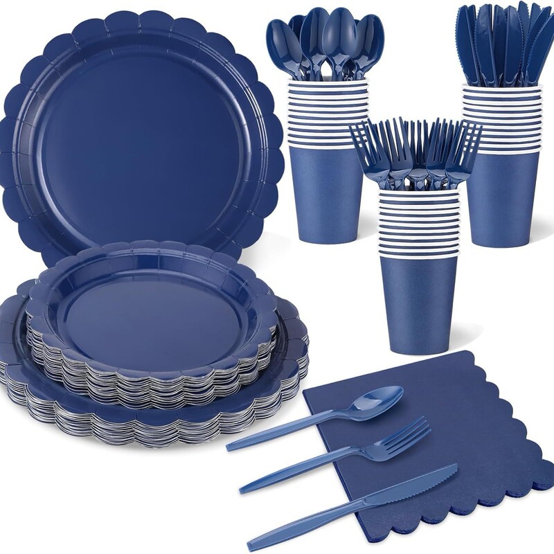 Navy Blue Lace Party Decoration Tableware Simple Solid Color Disposable Paper Plates Paper Cups Paper Napkins Party Set