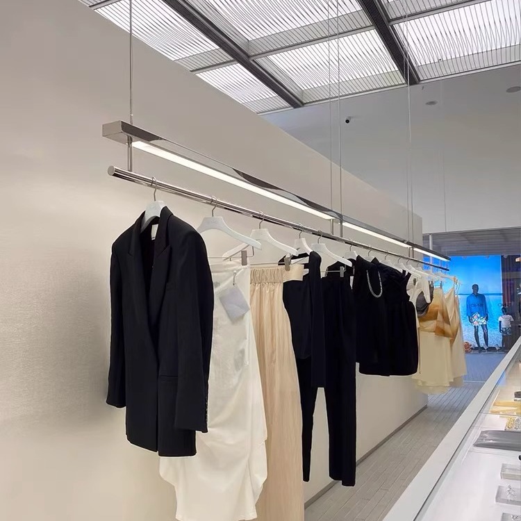 Clothing store stainless steel ceiling rack with lights window…