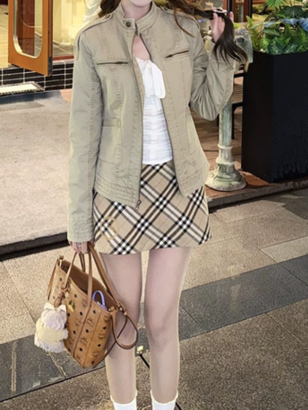 槿一 立领做旧美式复古短款牛仔外套女早秋新款正肩夹克上衣潮流|undefined