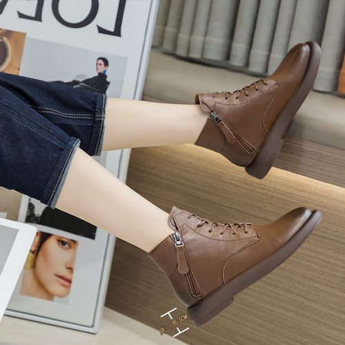 Women's Genuine Leather Martin Boots  Autumn/Winter New Warm Fleece Flat Short Boots Women Retro British Style Low Top Boots