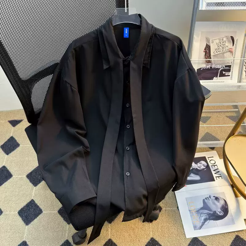 春秋季新款衬衫男韩版宽松休闲简约清新纯色领结长袖休闲衬衣小众