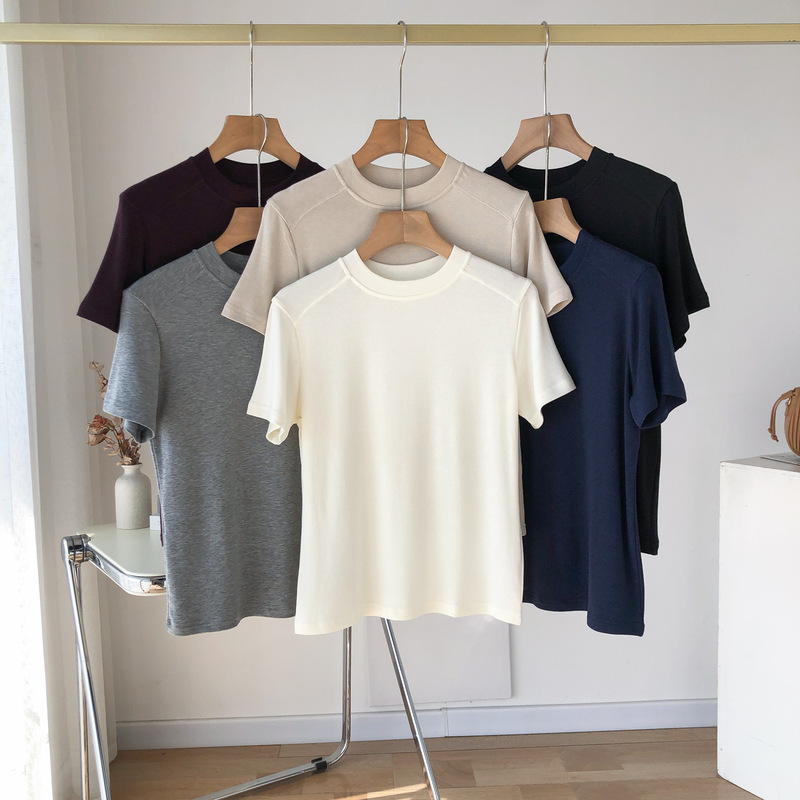 High-Quality Factory Lightweight Soft Acetate Tencel Wool Stand Collar Regular Shoulder Short Sleeve Women's Comfortable Stretchy Round Neck T-Shirt