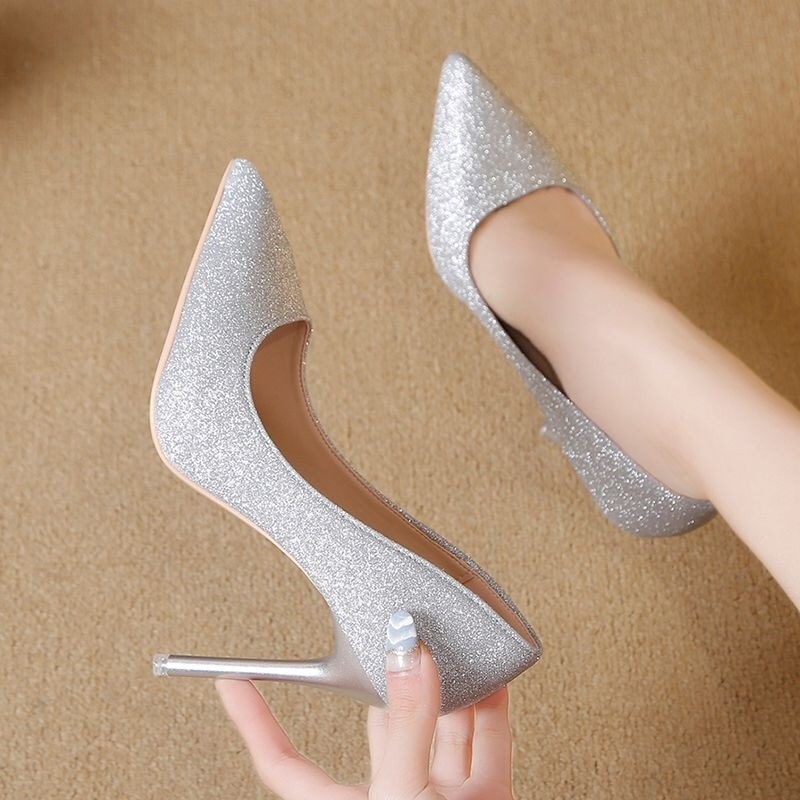 Spring 2024 New Arrival silver High Heels Women's Stiletto Heel Black Sexy All-Match French Cyber Celebrant Sequin Shoes for Girls
