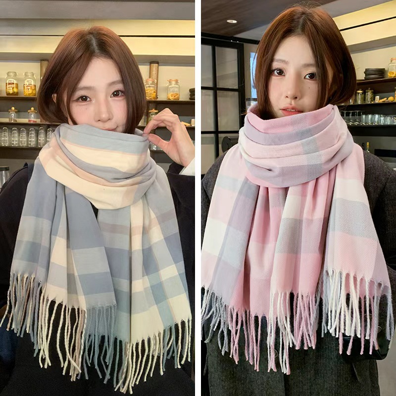 Buñuelo a cuadros para mujeres nueva moda de otoño y invierno caliente para mujeres imitación de cachemira doble uso buñuelo para estudiantes universitarios