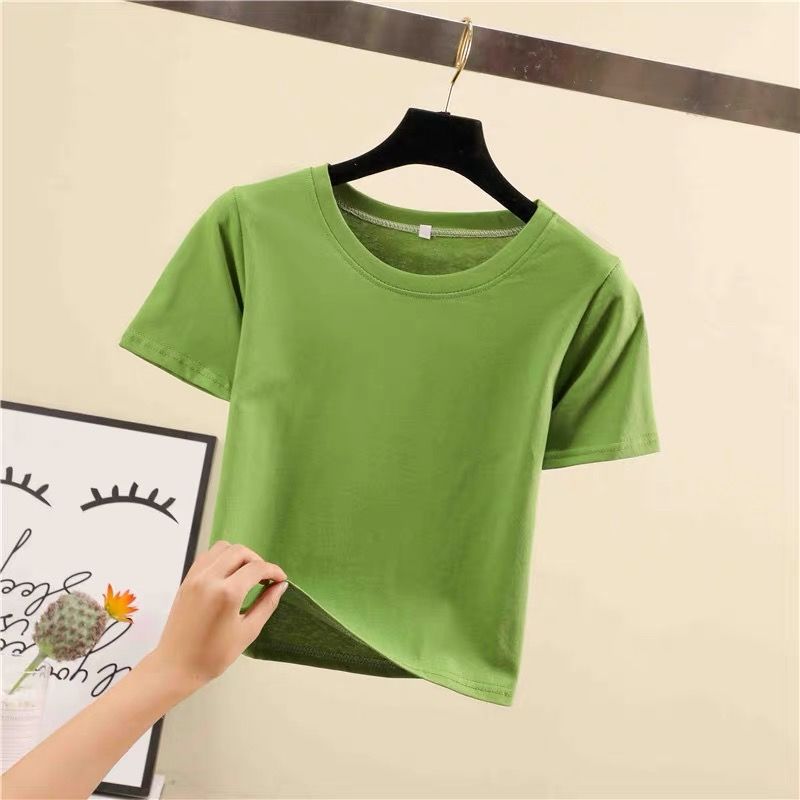 INS Camiseta corta de manga corta ropa de verano de las mujeres con fugas en el ombligo slim fit camisa de fondo corta cintura alta color sólido deportes top