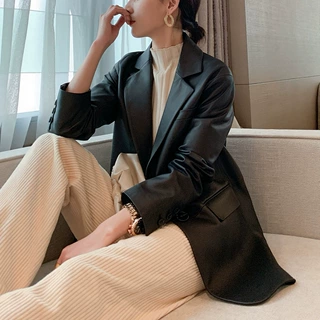工厂定制 海宁新款真皮西装外套女真绵羊皮中长款高端西服