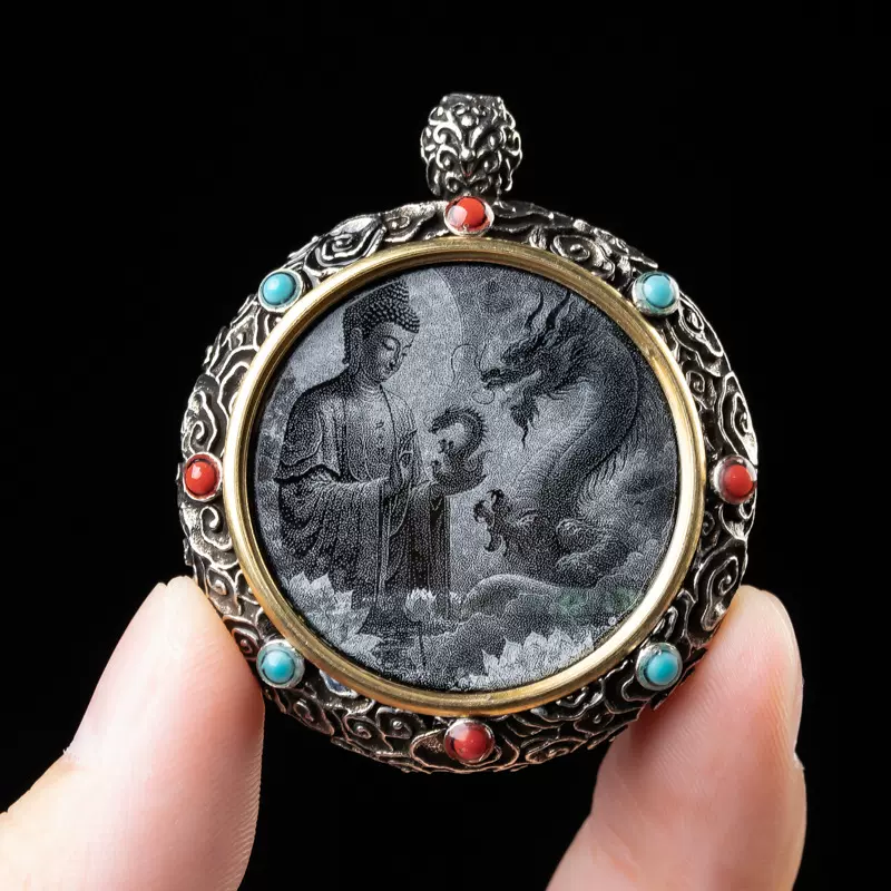 天然A货翡翠神龙护主藏银转轮款镶嵌佛牌玉石吊坠挂件玉佩项链