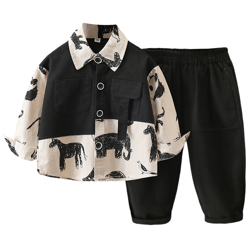 6118 Traje de otoño para niños 2025 Camisa de costura de primavera y otoño para niños de nuevo estilo Traje de dos piezas de otoño coreano para bebés