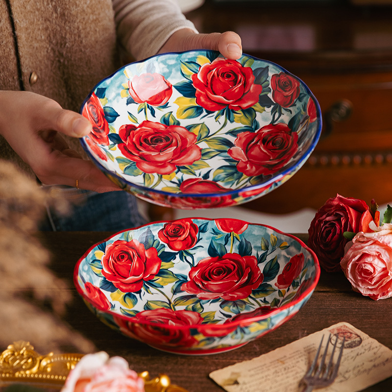Rose Flower - Set of 8inch Deep Plates with Lace Pattern (Red and Blue) Polish Underglaze Art Ceramic Tableware Rose Flower - Set of 8inch Deep Plates with Lace Pattern (Red and Blue) Polish Underglaze Art Ceramic Tableware