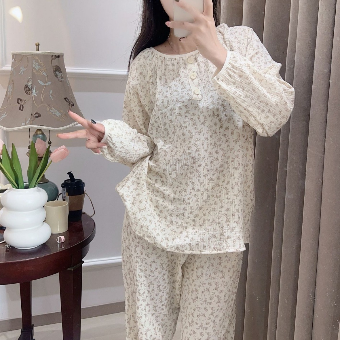 [다크 브라운 장미] 봄 잠옷 소프트 후푸 더블 원사 면 귀여운 옷깃 부드러운 유교 홈 의류 도매