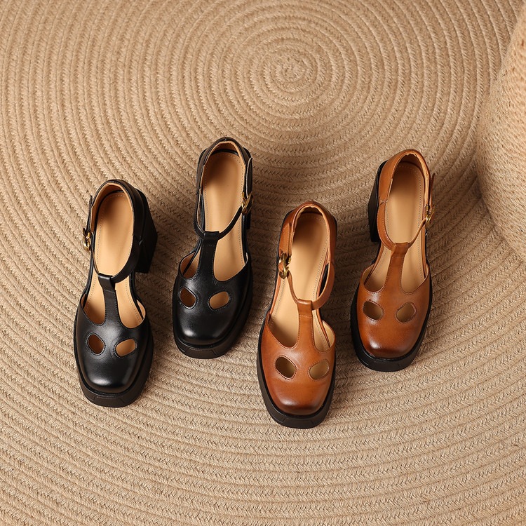Sandal nữ đế xuồng platform gót vuông phong cách vintage khóa kim loại — màu nâu, màu đen chi tiết 30