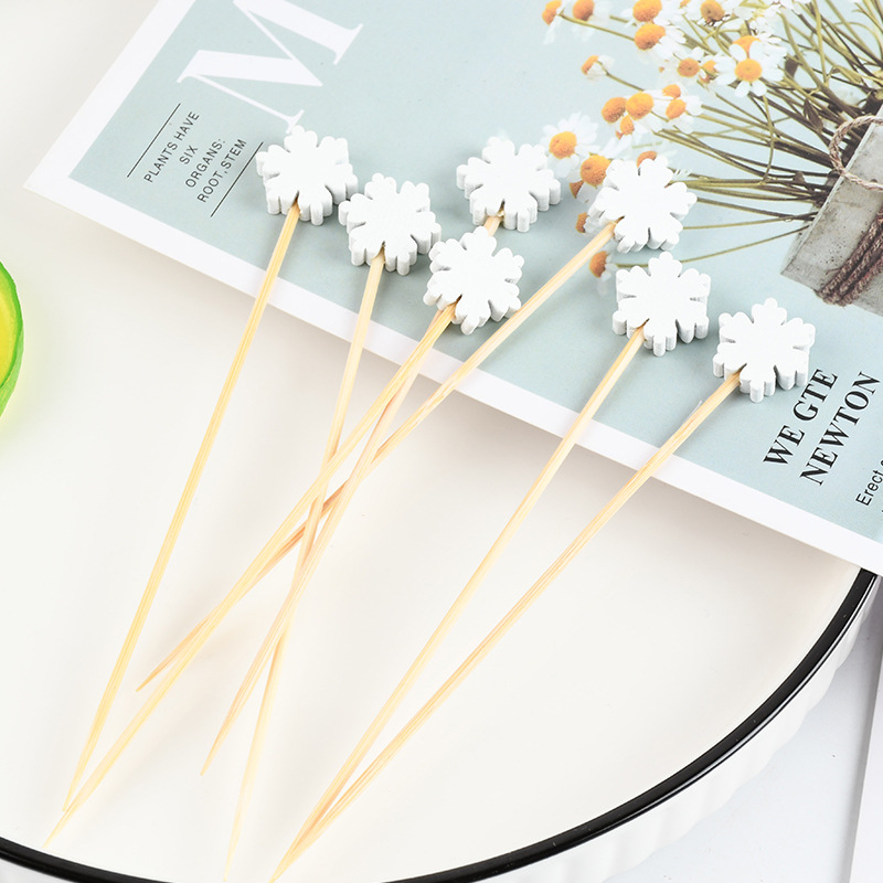 Mayorista desechable copo de nieve blanca horquilla de dibujos animados palillos de dientes palillos de frutas artísticos palillos de bambú dibujos animados pesca de frutas