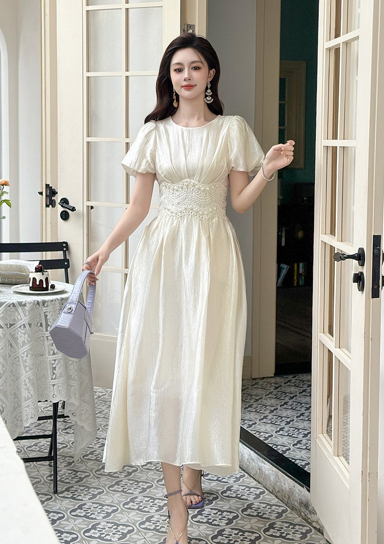 Đầm maxi nữ tay phồng thắt eo đính cườm dài qua gối — màu xanh chi tiết 1