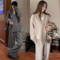 秋冬2025新款女时尚宽松大码假两件针织毛衣高级穿搭阔腿裤两件套
