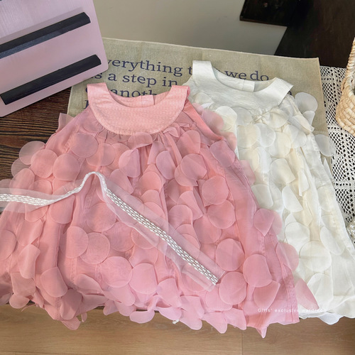 Korean children's clothing 2024 new spring and summer girl dress children petal princess dress loose sleeveless backless dress
