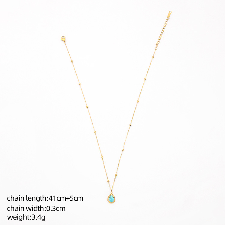 Fashion Round Water Droplets Stainless Steel Titanium Steel Inlay Turquoise Opal Pendant Necklace 1