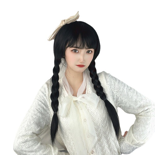American drama Wednesday anime cos wig The Addams Family whole head double braid braids stage performance props