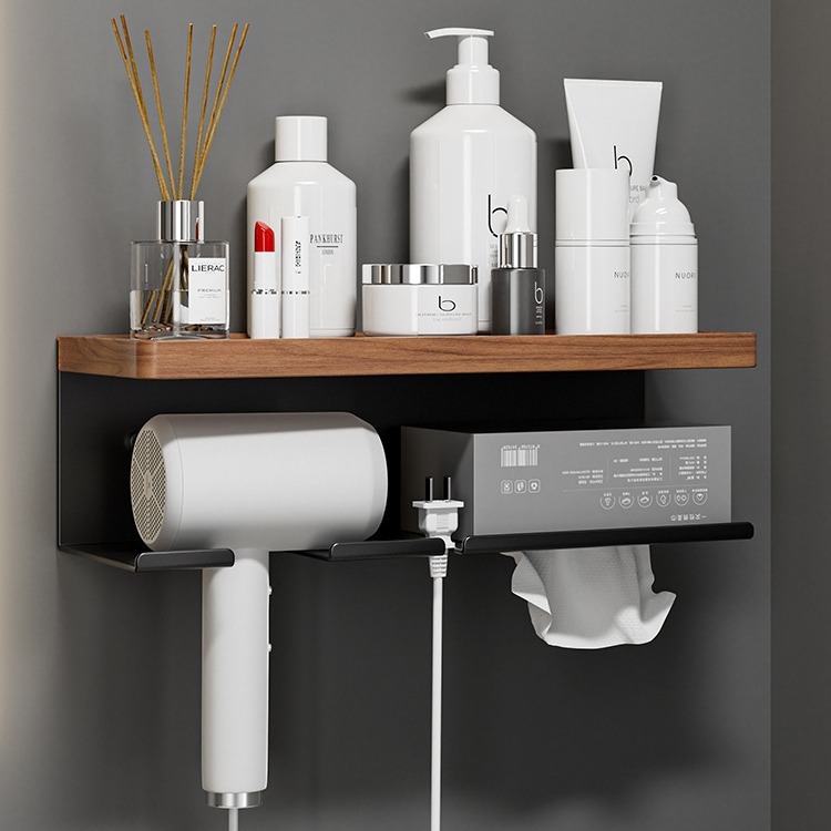 Hair dryer hook without drilling bathroom wall-mounted hairdryer holder shower dryer storage rack solid wood
