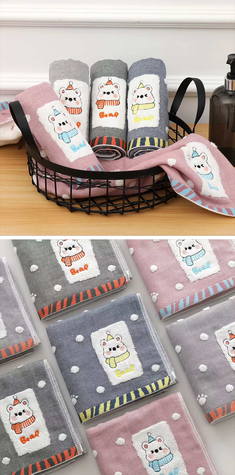 Class A Pure Cotton Towels Soft Absorbent Household Face Towels All-Cotton Bath Towels Thickened Cartoon Kindergarten Towel Sets