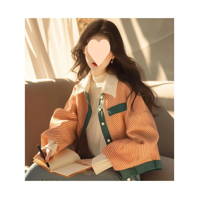 2025 autumn new small Korean style outfit fashionable and high-end orange striped printed lapel jacket