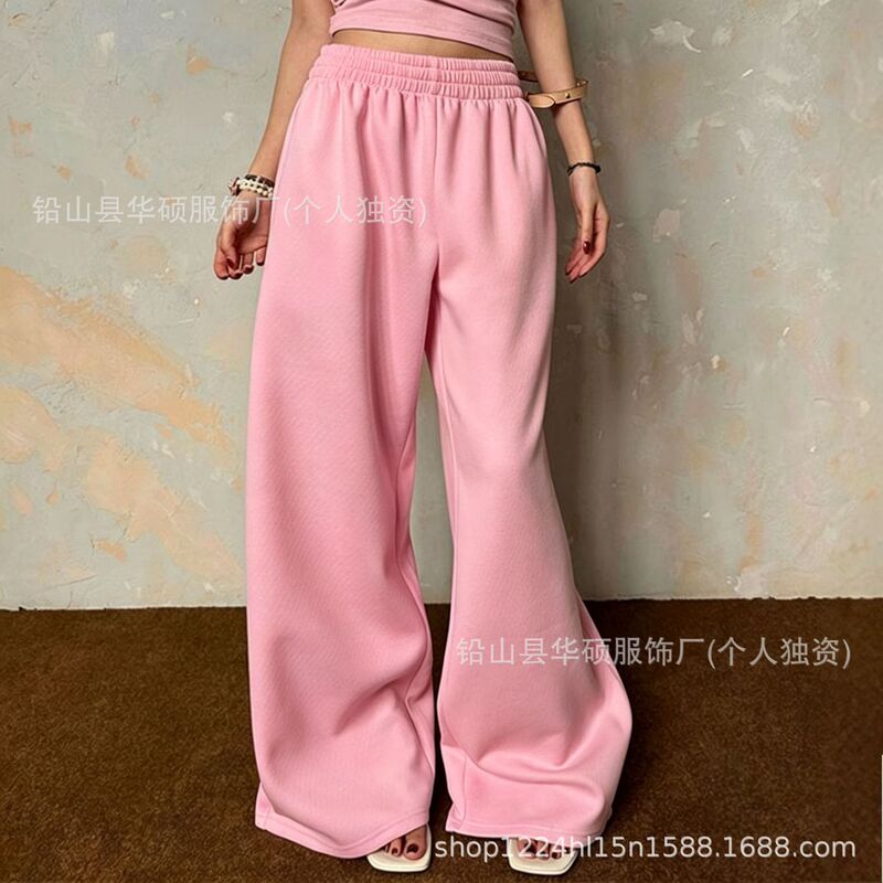New cross-border pink high-waisted wide-leg women's sweatpants for autumn, loose-fitting, slimming, casual, versatile, with a draping effect and floor-length design