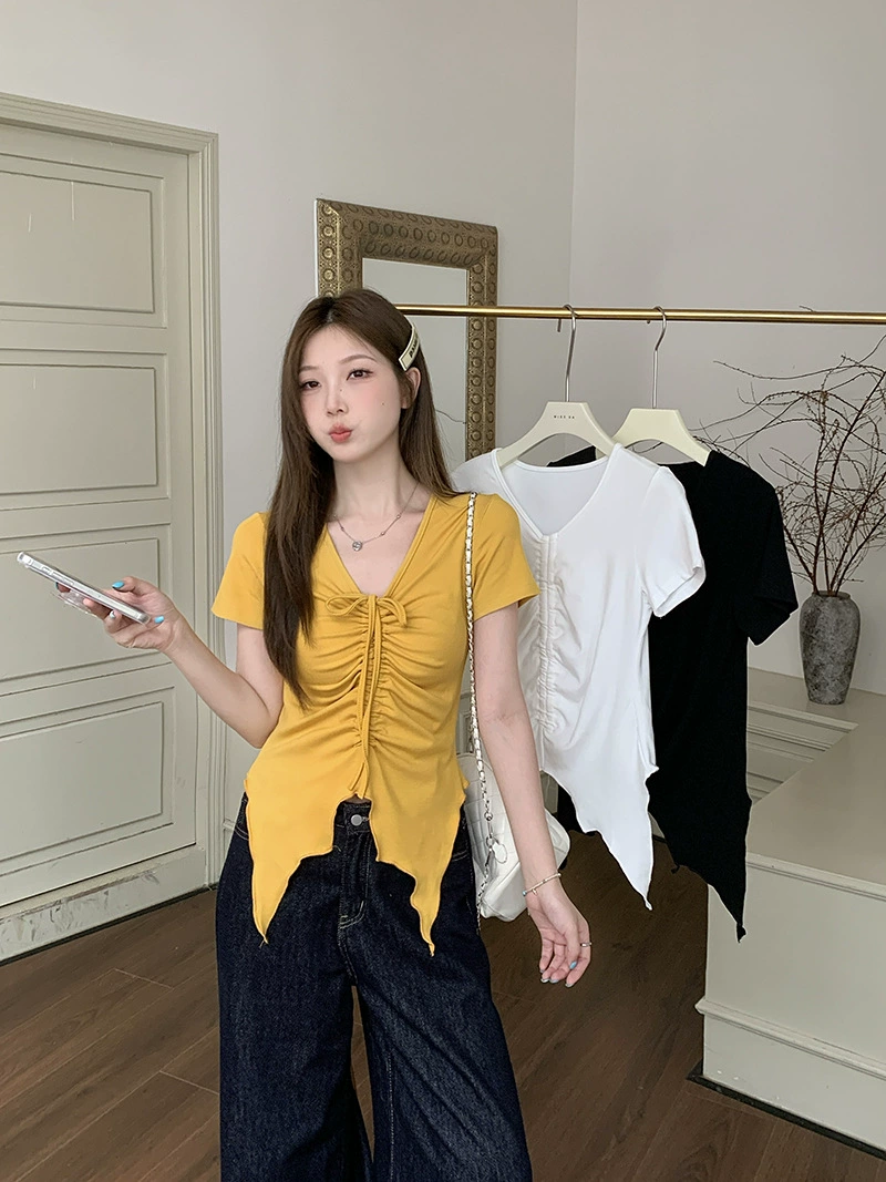 Летняя одежда, модная футболка с коротким рукавом, плюс size, корейский стиль, завязка