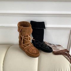 【波西米亚民族风】手工编织绑带显瘦短靴女流苏复古度假风堆堆靴