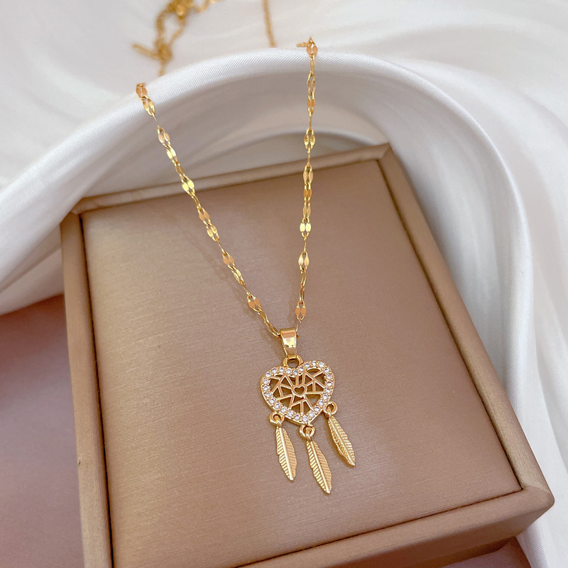 Zircon Inlay Material Pendant Necklace Classification 304 Stainless Steel Chain Material cable chain Chain Type 304 Stainless Steel Zircon Dreamcatcher Simple Style Cable Chain Pendant Necklace For Women'S