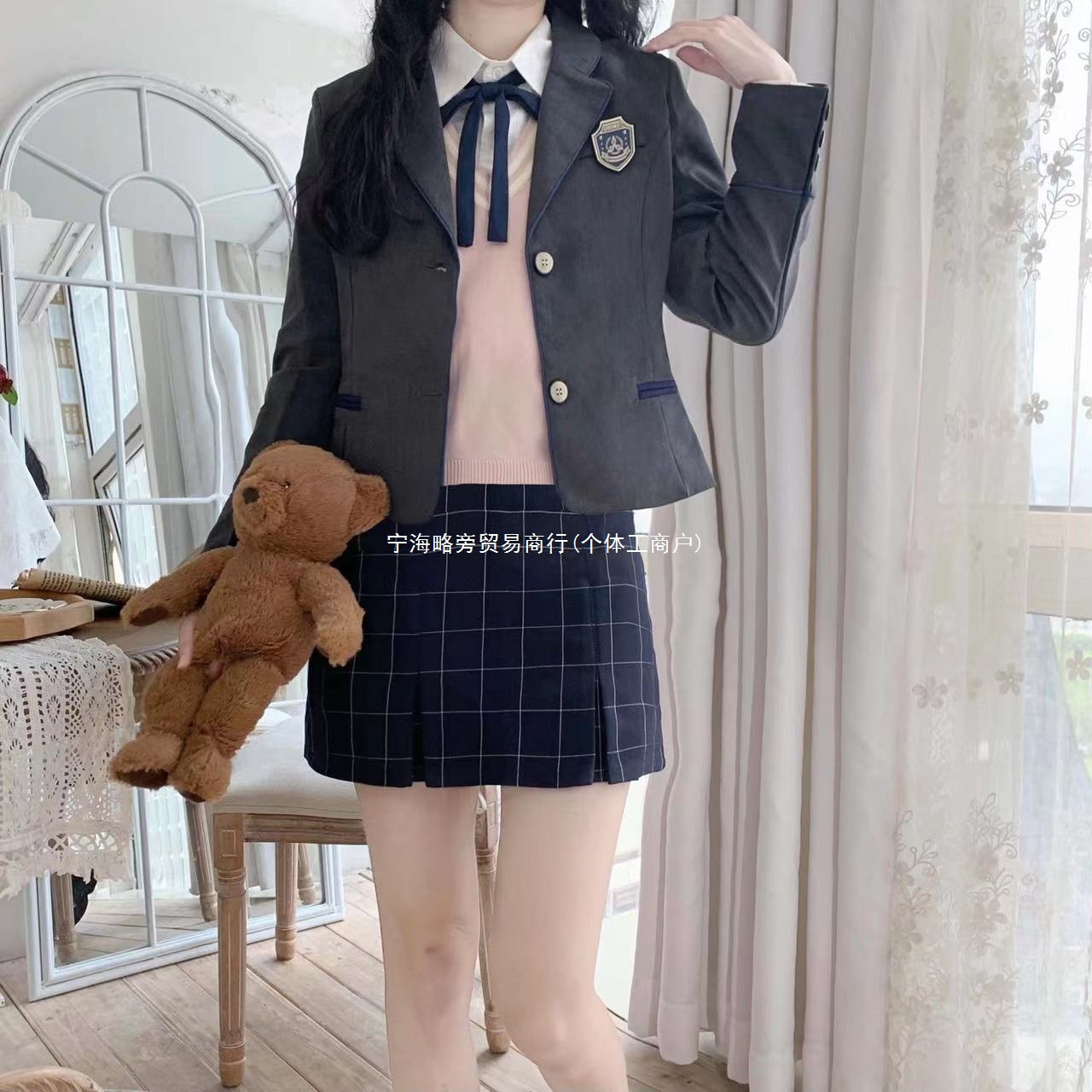 学院风套装秋冬日系甜辣风粉色西装制服外套针织马甲无绣毛衣女