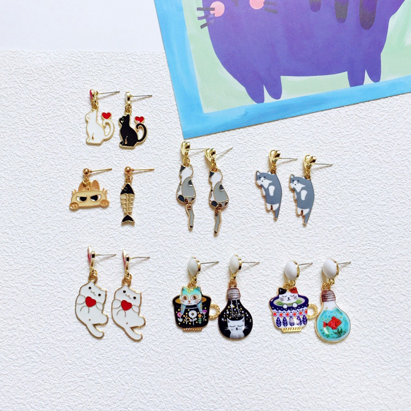 9g Weight Drop Earrings Classification 1 Pair Quantity Daily Occasion Alloy Material Cat Pattern Women'S Gender Enamel Design Cute Style Cute Cat Alloy Enamel Women's Drop Earrings 1 Pair 1