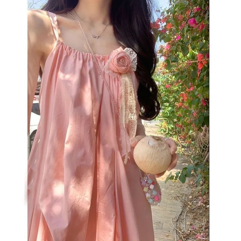 pink french tea break sling dress women‘s summer sweet gentle elegant style seaside vacation beach long skirt