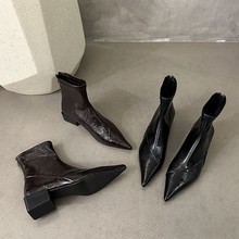 牛皮版尖头短靴女2025秋新款靴子粗跟短筒女靴瘦瘦靴高跟鞋马丁靴