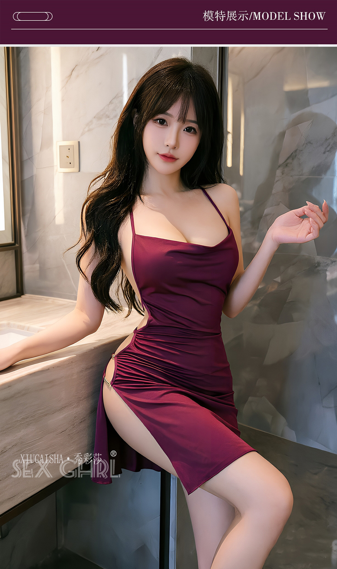Halter Neck Plus Size Babydoll Nightdress with Side Slits, Black Polyester — detail image 5