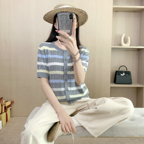 天丝亚麻气质拼色圆领短袖针织开衫女春夏时尚百搭麻花纹理上衣