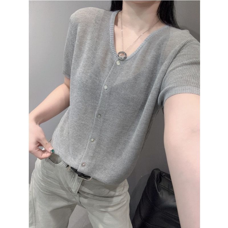 Áo cardigan dệt kim tay ngắn cổ V chất liệu băng lụa mỏng mùa hè — màu xám chi tiết 6