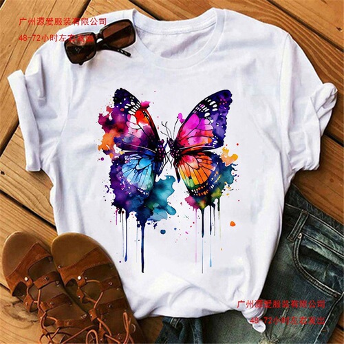 European-sized cotton T women's butterfly tree print Harajuku t-shirt round collar top short-sleeved casual summer t-shirt European and American temperament