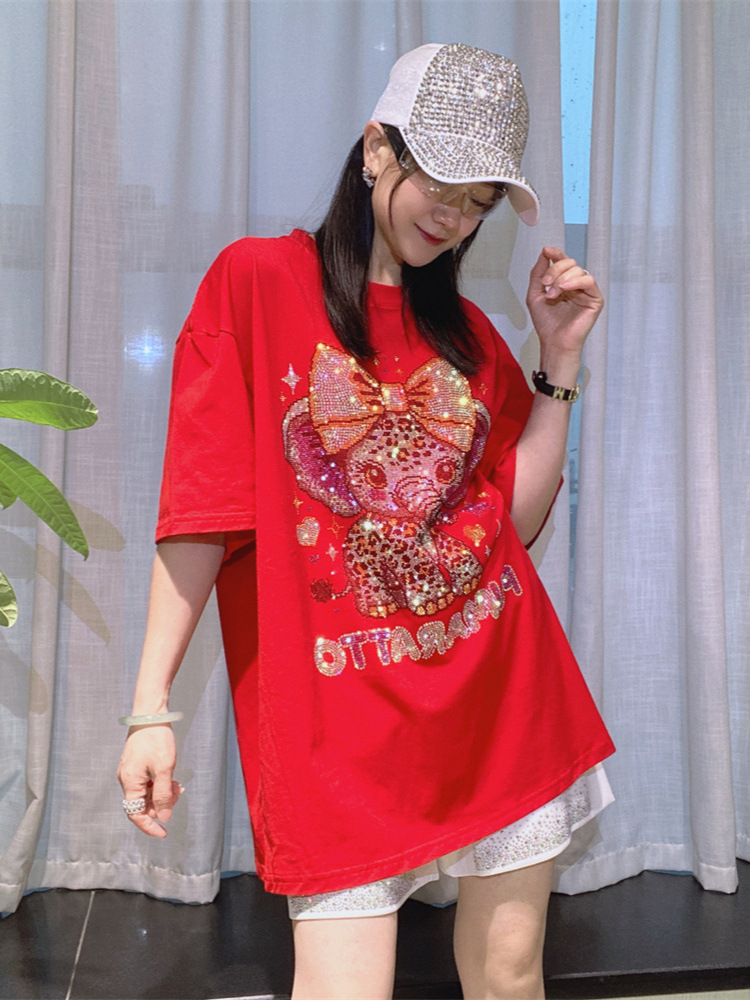 Camiseta de manga corta con diamantes para mujer europea y americana moda de verano suelta versión grande marca de moda de longitud media tops de algodón de diamantes calientes para mujer