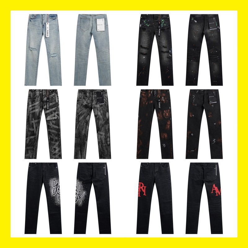 Purple Brand New Arrival Splash Ink Printed High Street Retro Ripped Casual Trendy Denim Trousers for Men and Women
