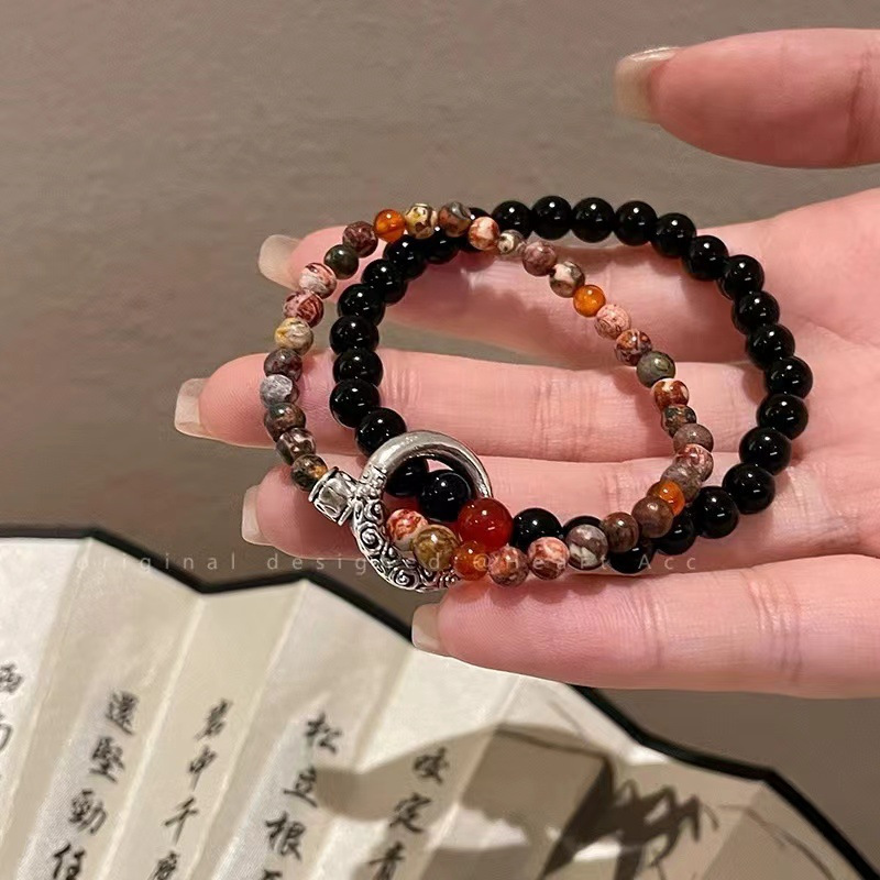 New Chinese Aesthetics Guofeng Ping An Buckle Beaded Bracelet Double Circle Stacked Wear Bracelet New Explosions Antique Bracelet