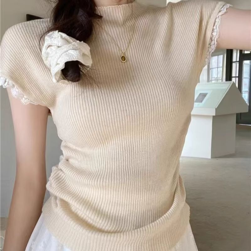 Women's Spring Lace Patchwork Short-Sleeve Slim-Fit Knit Top with Pleated Waist Design