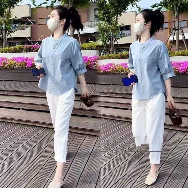 2025年の新しい人気の美しい夏服、女性用のファッショナブルなストリートスタイルの年齢を軽減する小さなシャツの2点セットの完全なセット|undefined