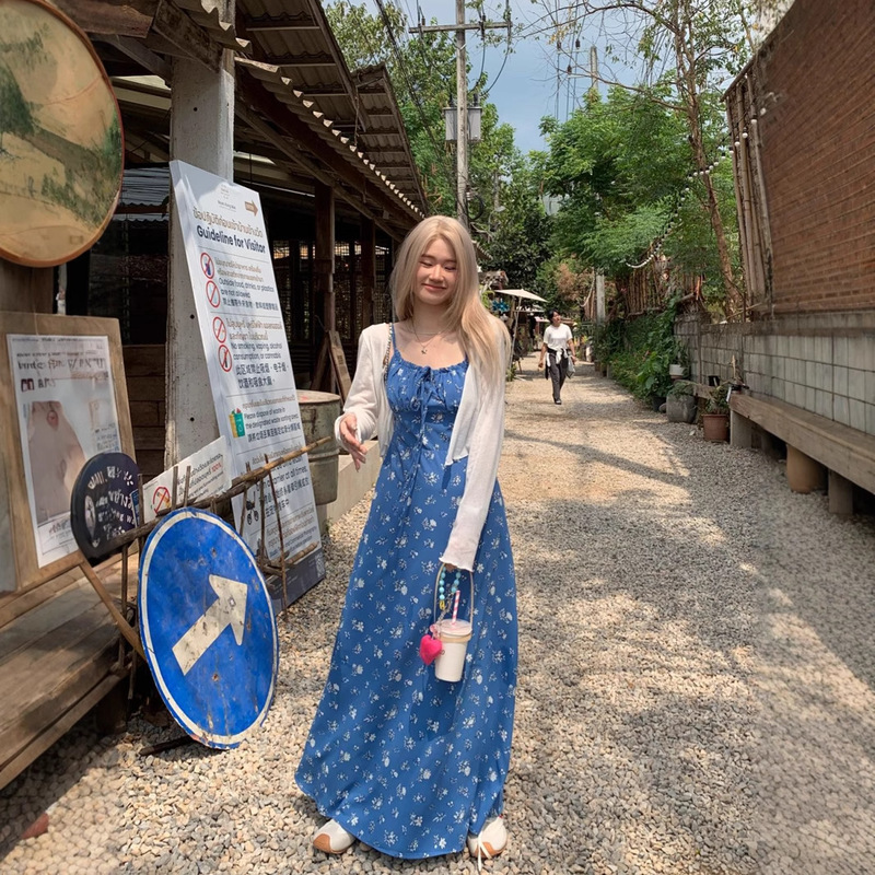 Plus Size Tall Elegant First Love Floral Blue Suspender Dress Summer Romantic Girl Pure Lust Style Long Dress