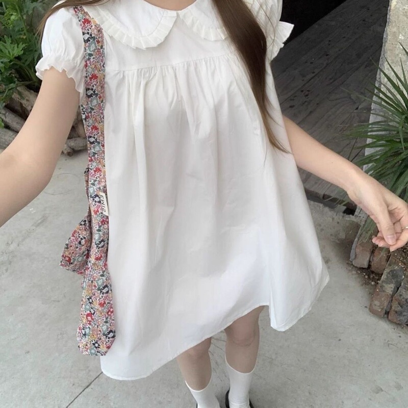 Doll Collar White A-Line Dress for Women, Summer 2025 New Style, Loose Fit, Youthful Look, Puff Sleeves, Small White Dress Doll Collar White A-Line Dress for Women, Summer 2025 New Style, Loose Fit, Youthful Look, Puff Sleeves, Small White Dress